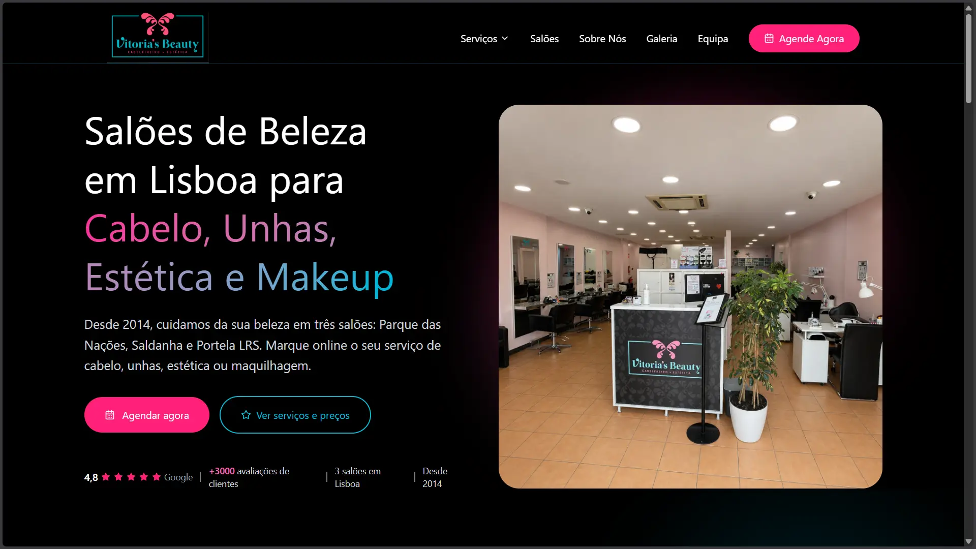 Página inicial do website Vitoria's Beauty mostrando serviços de beleza, avaliações e fotografia do salão
